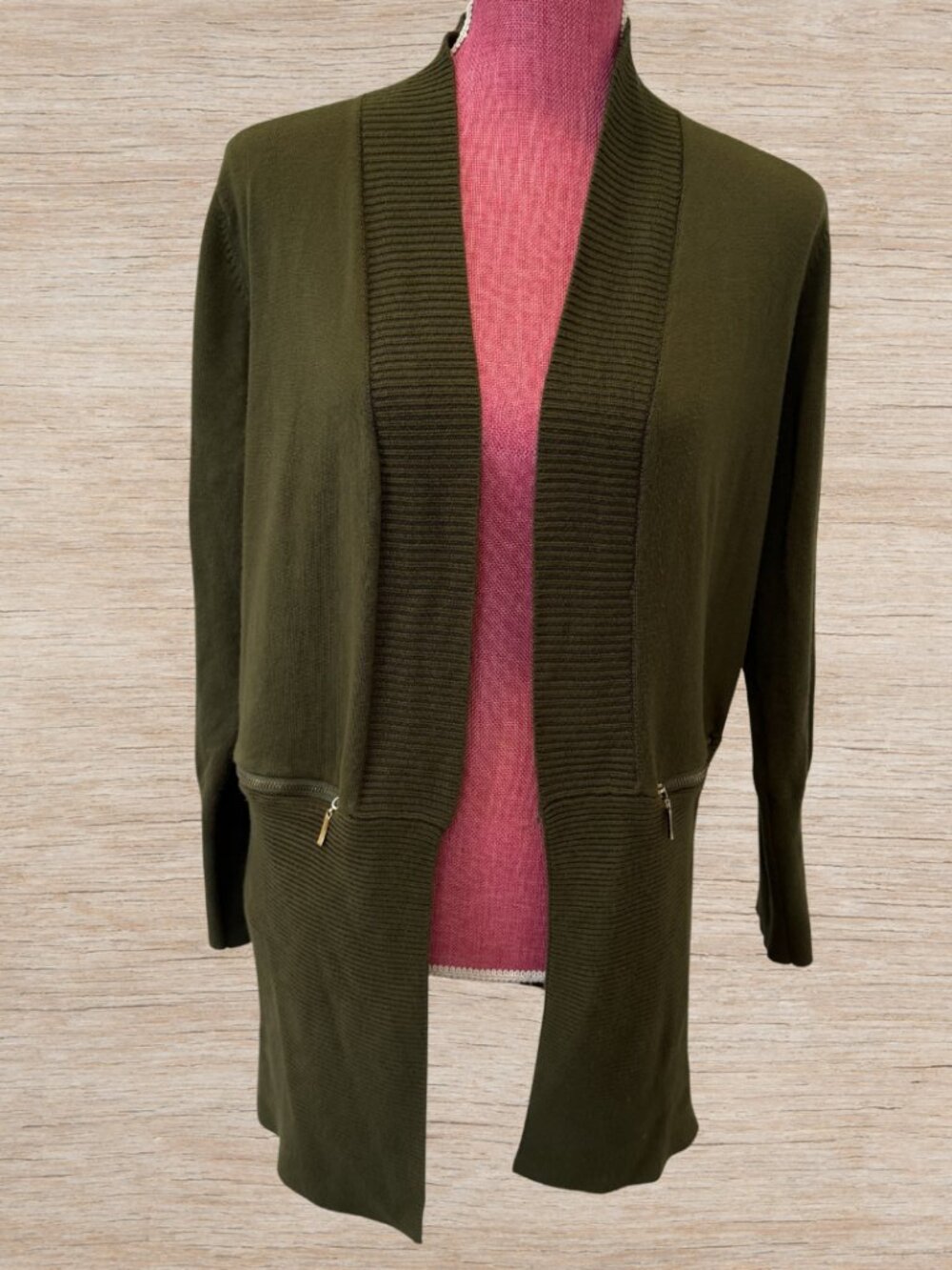 Magaschoni Olive Green Cardigan Sweater Women’s Size L Gold Zipper Hardware